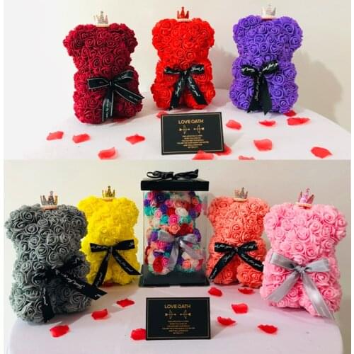 Rose Bear Teddy Artificial Flowers Anniversary Christmas Valentine Gift for Mothers Day Girlfriend Wife Rose Box 25cm DIY Decor