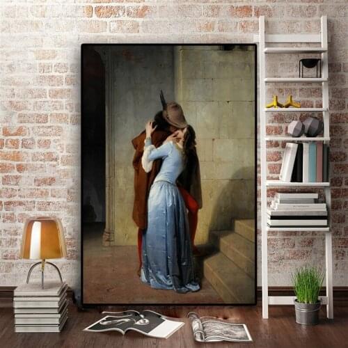 Francesco Hayezs kiss. Oil painting portrait poster and print on canvas. Art wall picture of the Nordic living room