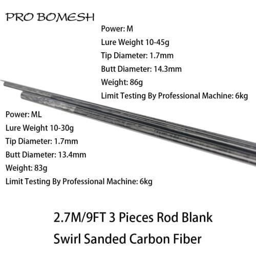Pro Bomesh 1 Pcs 2.7M/9FT ML M 3 Section Swirl Sanded Carbon Fiber Travel Rod Bass Rod Blank DIY Rod Building Blank