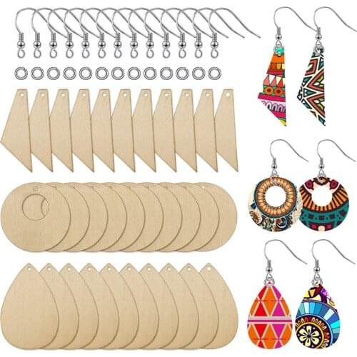 60Pcs Unfinished Wood Teardrop Triangle Circle Earring Pendant with Hooks Jump Rings for Jewelry DIY Making Kit