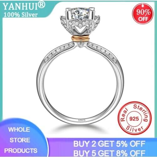 YANHUI New Fashion Authentic 925 Sterling Silver Heart Ring 0.8ct Rectangle Zirconia Diamond Ring Vintage Women Engagement Gift