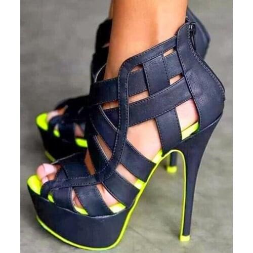 Summer New Fashion Woman Yellow/Hot Pink 145 mm Stiletto Heels 40 mm Platform Cuts Out Open Toe Zip Back High Heel Sandals Shoes