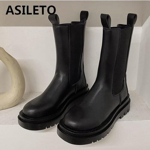 ASILETO PU Leather Winter Fur Boots For Women Platform Chelsea Boot Atumn Spring Booties Fashion Female Thick Bottom Black S2199