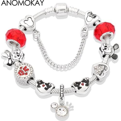 Anomokay Simple Series Minnie Pendant Charm Bracelet Red Crystal Women Girl Diy Bead Bracelet Fashion Jewelry Pulsera Mujer 2019