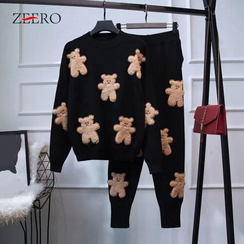 Autumn Spring Women Long Sleeve Bear Patch Knit Velvet Tracksuits 2 Piece Set + Little Feet Casual Pants Suit Plus Size Outfits