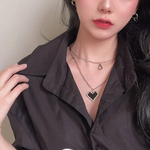 U-Magical Hiphop Black Double-Layer Love Heart Pendant Necklace for Women Hollow Mosaic Chunky Chain Metal Necklace Jewellery