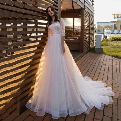 UZN Elegant Ivory Beading Princess Tulle Wedding Dress Scoop Neck Half Sleeves Zipper With Buttons Bridal Gowns Vestido De Noche