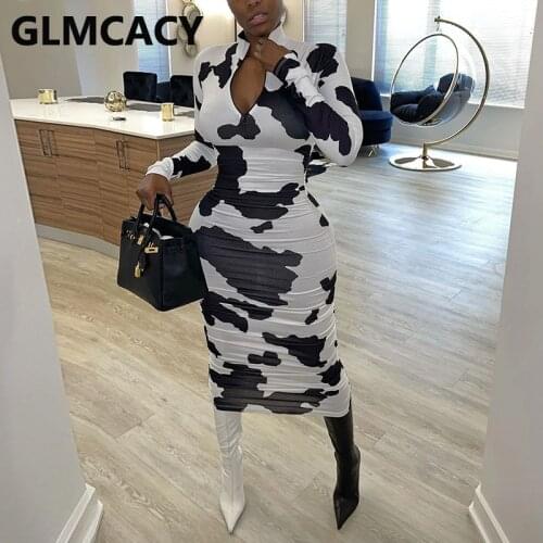 Women Cow Printed Long Sleeve Slim Dress Elegant Bodycon Dresses