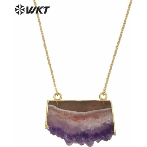 Crystal necklace with 24K gold trim on top,druzy geode necklace,double loops brass chain WT-N123