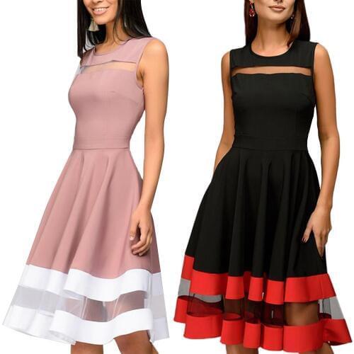 Dress Women O-Neck Retro Sleeveless Banquet Party Dress Perspective Mesh Contrast Long Dress A-Line Fantasy Christmas Gift