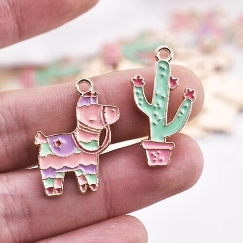 10 pcs/lot Cartoon Llamas Cactus Enamel Charm Gold Metal Pendant Charms Earrings Jewelry Making DIY Jewelry Accessories XL532