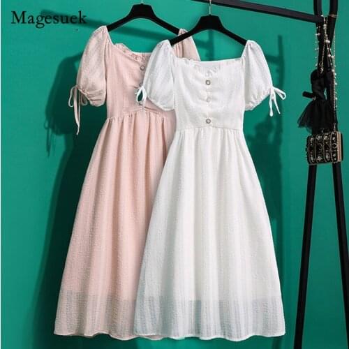 2021 Summer New Dress Womens Fashion Short Sleeve with Bow Elegant Women Dress Vintage Pleated Long Dress Women 13834
