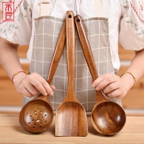 Non-Stick Pan Wood Spatula Thai Teak Long Handle Spatula Wooden Spoon Set Cookware Set Cooking Tools
