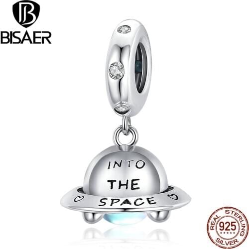 BISAER 925 Sterling Little Spaceship Charms Space Love Beads fit Bracelet Beads for Silver 925 Jewelry Making ECC1696
