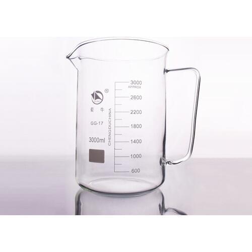 With handle beaker in low form,Capacity 3000ml,Outer diameter=160mm,Height=245mm,Laboratory beaker with handle