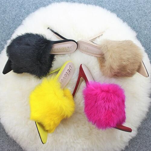2020 European Station Sandals Candy Color Luxury Rabbit Fur High Heel Sandals Slippers femme Evening Party Women Shoes 35-43