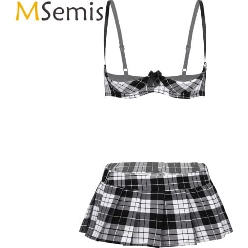 2Pcs Womens Adults Lingerie Set School Girl Cosplay Costume Outfit Adjustable Spaghetti Straps Open Cup Bra Top with Mini Skirt
