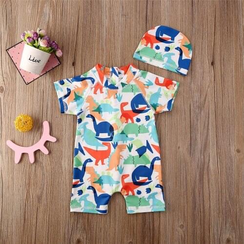 1-6 Years Toddler Baby Boys Swimming Suit Kids Short Sleeve Cartoon Animal Print Zipper Swimwear Romper+ Swimming Hat