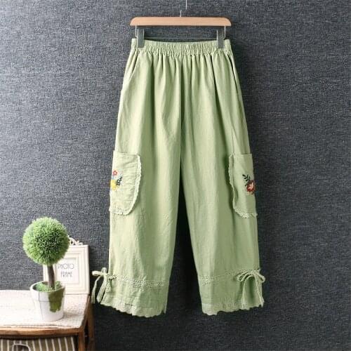 Summer New Mori Series Sweet Embroidery Flower Pockets Elastic Waist Women Casual Wide Leg Pants Daily Wear NWM 821-77