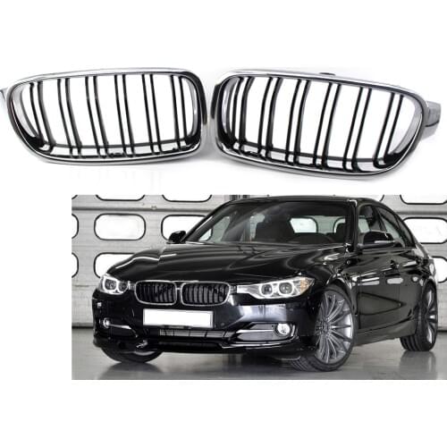 Left Right For BMW 3 Series F30 12 -18 Front Kidney Gloss Black Dual Slat Half Chrome Grille Grill 335i 328i 320i 340i M3 4 Door