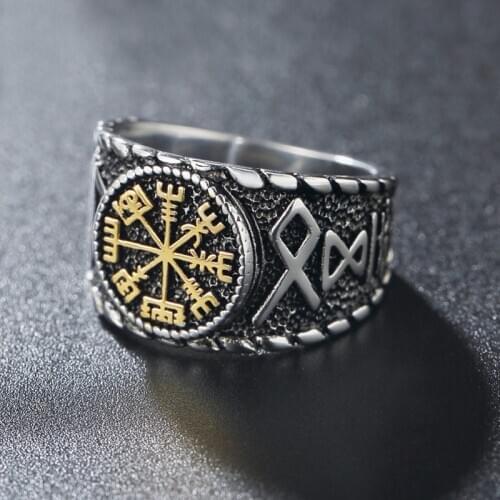 Vintage Nordic Stainless Steel Compass Ring Mens Viking Odin Amulet Ring Punk Rider Jewelry Gift Size 7-12