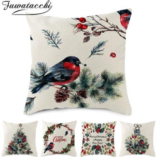 Fuwatacchi Christmas Bird Printed Cushion Cover Xmas Gift Decorative Pillow Covers for Home Sofa Linen Throw Pillowcases 45*45cm