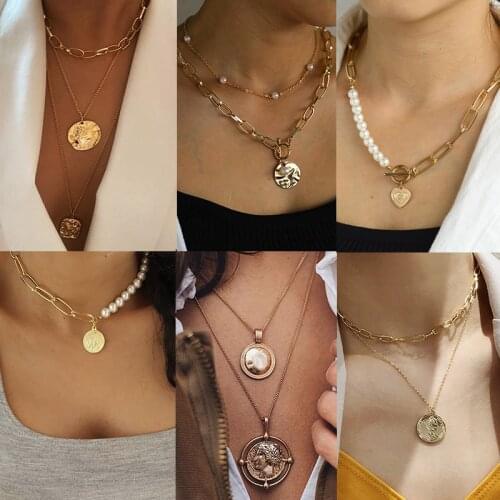 2020 Gothic Golden Thick Chain Choker Clavicle Necklace for Women Bohemian Vintage Coin Alloy Pendant Collar Necklace