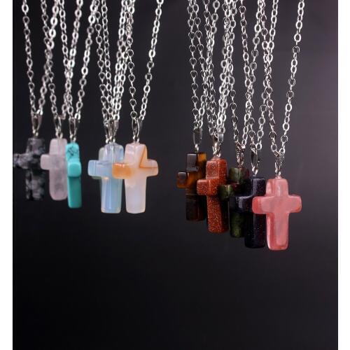 Silver Color Cross Necklace Natural Stone Blue San Opal blue Pink Crystal Onyx Necklaces Pendant Jewelry For Women