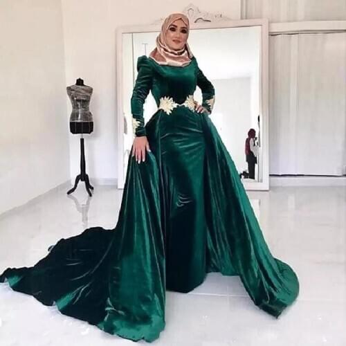 Green Muslim Velvet Detachable Train Prom Dresses Mermaid Long Sleeve Appliques Formal Evening Party Gowns vestidos de gala
