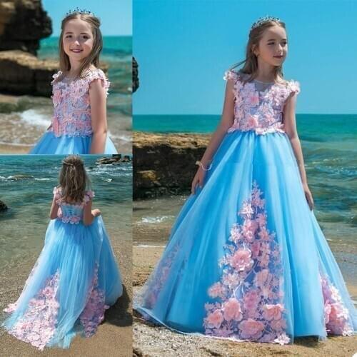 Lovely Flower Girls Dresses Jewel Lace Applique Kids Formal Wear Custom Made Lace-up Back Birthday Toddler Pageant Gowns