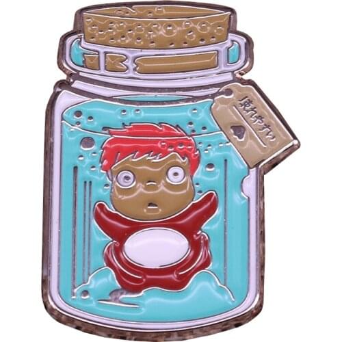 Ponyo Trapped in a Bottle Brooch Beautiful Goldfish Pin Hayao Miyazaki Studio Ghibli Classic Cartoon Badge Rescue her, quickly