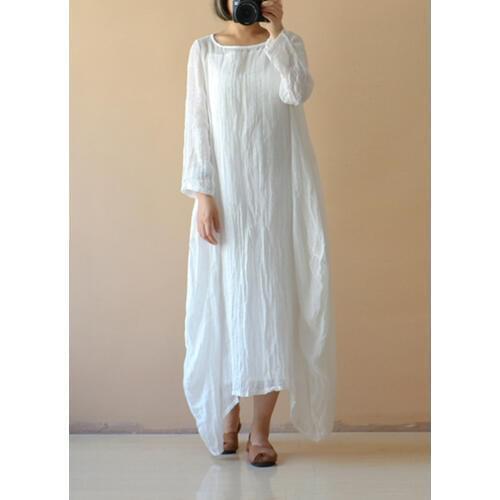 Plus Size Dress Women Baggy Dress Cotton Linen Long Gown Maxi Dress O Neck Long Sleeve Loose Long Boho Shirt Dress Plus Size 3XL