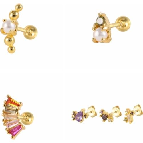 CANNER Rectangular Colored Zircon Pearl Earrings For Women 925 Sterling Silver Piercing Stud Earrings Pendiente Piercing Jewelry