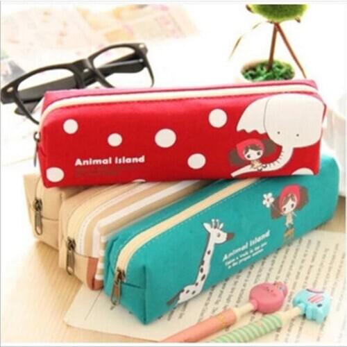 Student canvas pencil bag, long zipper pencil bag, large capacity pencil bag, cute girl animal stationery bag