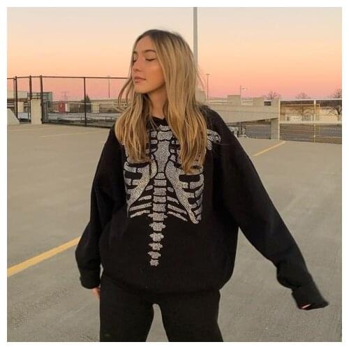 Anime Punk Streetwear Rhinestone Skeleton Oversized Hoodies Mall Y2K Loose Long Sleeve E-girl Black Sweatshirt Outfits top
