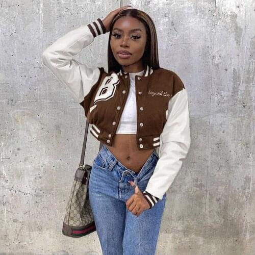 Goth Punk Cloth Match Color Printed Leather Sleeve Baseball Jacket Short Style Coat Woman 2021 Fanshion Harajuku Alt Cloth Emo