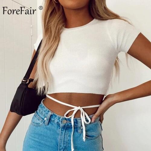 Forefair String Tie Women Sexy Tank Tops High Neck Ribbed Knit Short Sleeve Solid White 2021 Summer Women Crop Top