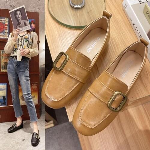 Womens Leather Square Toe Shallow Mouth Metal Decoration Loafers Casual Flat Shoes