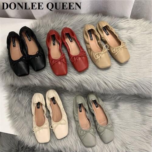 Women Flats Ballet Slip On Flat Square Toe Boat Shoe Sweet Bow Ballerina Soft Casual Moccasins Female Dress Shoe Autumn Footwear