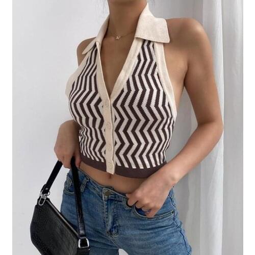 Women Single Breasted Knitted Striped Contrast Color Short Top Sexy Tank Top Women Summer Camis Backless Camisole Fashion Ladie