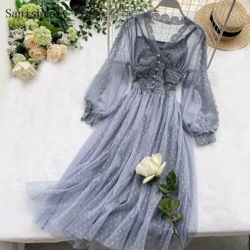 Sanishroly Two Piece Spring Autumn Women Button Long Tank Dresses Elegant V-Neck Lace Dress Female Dot Mesh Dress Vestidos S1176