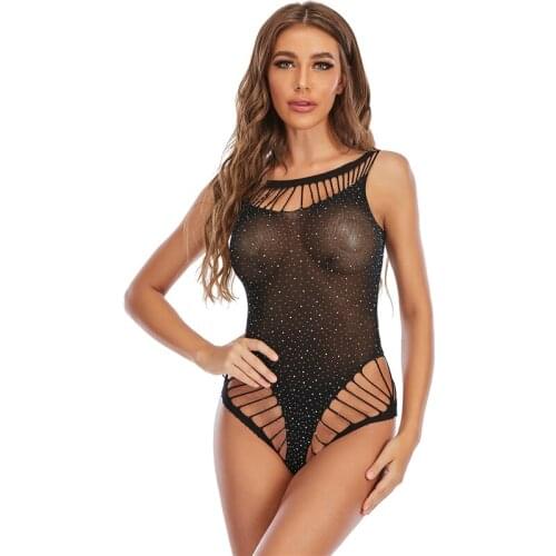 Women Sexy LingerieLace Bodysuit Diamond Fishing Net Mesh Jumpsuit Black High Stretch One Size