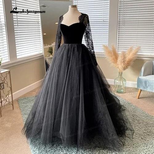Simple Gothic Black Wedding Dresses 2021 Long Sleeves Boho A-line Bridal Dress Vintage Sweetheart Wedding Gowns vestido de novia