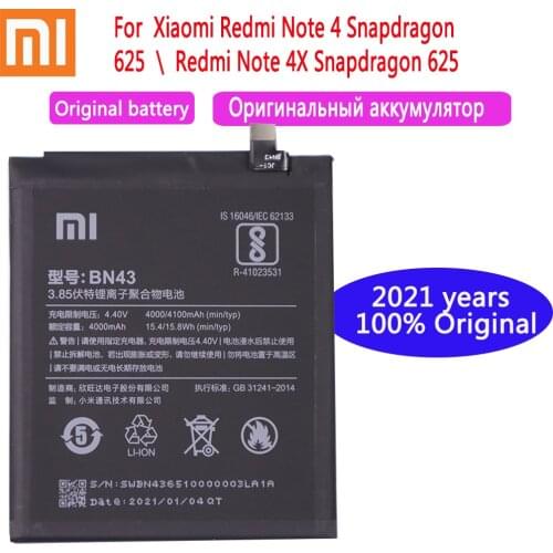 4000mAh 2021 years 100% xiaomi Original Battery BN43 For Xiaomi Redmi Note 4X Note 4 global Snapdragon 625 Phone Battery