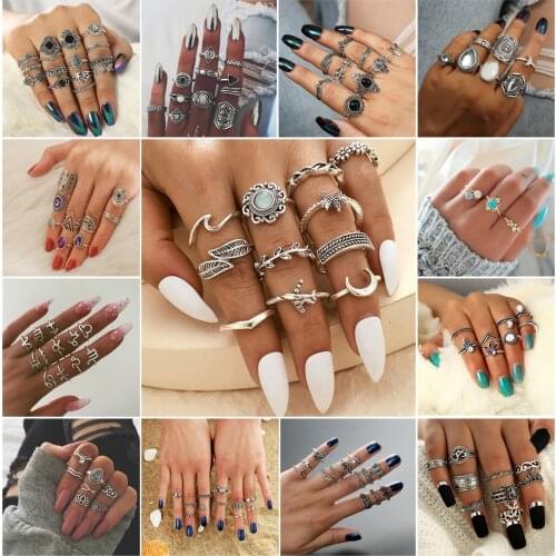 Bohemia Vintage Silver Color Knuckle Flower Set Finge Rings For Women Gift Party Jewelry