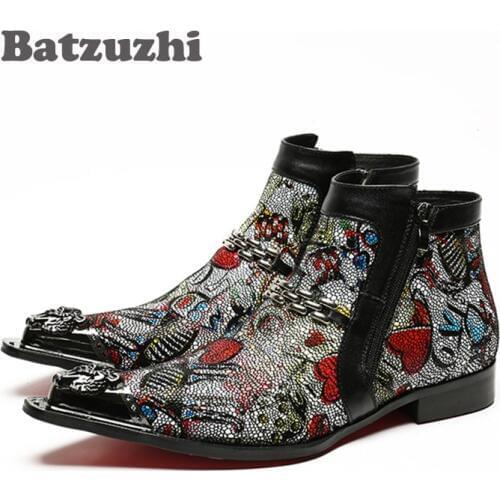 Batzuzhi Italian Style Handmade Men Boots Pointed Iron Toe Designer Short Boots Leather Zipper High Help Mens Boots Colorful