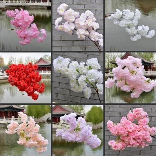 1M long Cherry Blossoms Artificial Flowers Branches Wedding Arch Decoration Peach Branch Background Wall Hanging Fake Flower