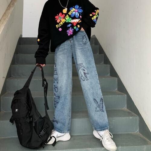 Cool High Waist Jeans Women Streetwear Straight Jean Summer Blue Gothic Cargo Pants Streetwear Cool Harajuku Loose Jeans Female