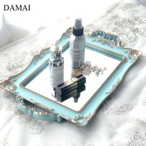 European Vintage Mirror Trays Decorative Relief Craft Jewelry Storage Tray Cosmetic Skin Care Products Organizer Home Decoration