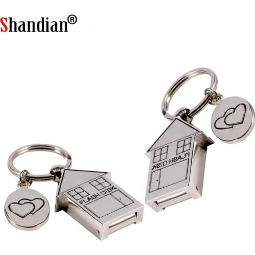 SHANDIAN(over 10 pcs free LOGO)USB 2.0 Cute Metal House Shape USB Flash Drive 4GB 16GB 32GB 64GB Usb Memory Stick Pendrive Gifts